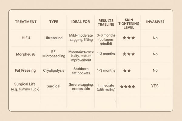 Table showing the comparisons of Skin tightening Greater London (Bromley) treatment options.